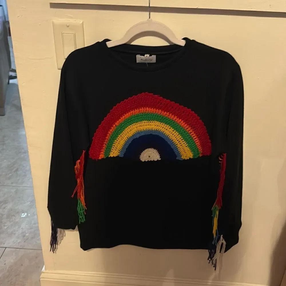Black Rainbow Sweater - Rainbow Fringe on Sleeves  BRAND NEW - NWOT - Size Small